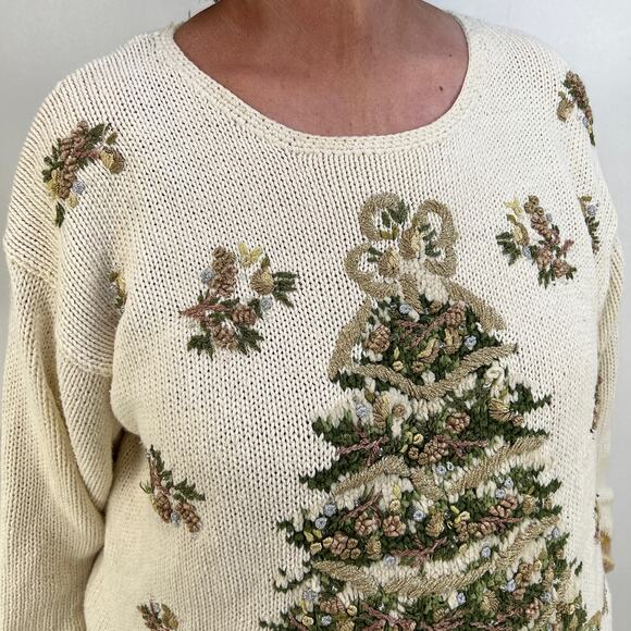 Vintage Christmas Tree Sweater Ivory Neutrals Gold Beaded Embellished by Tiara - Picture 2 of 8